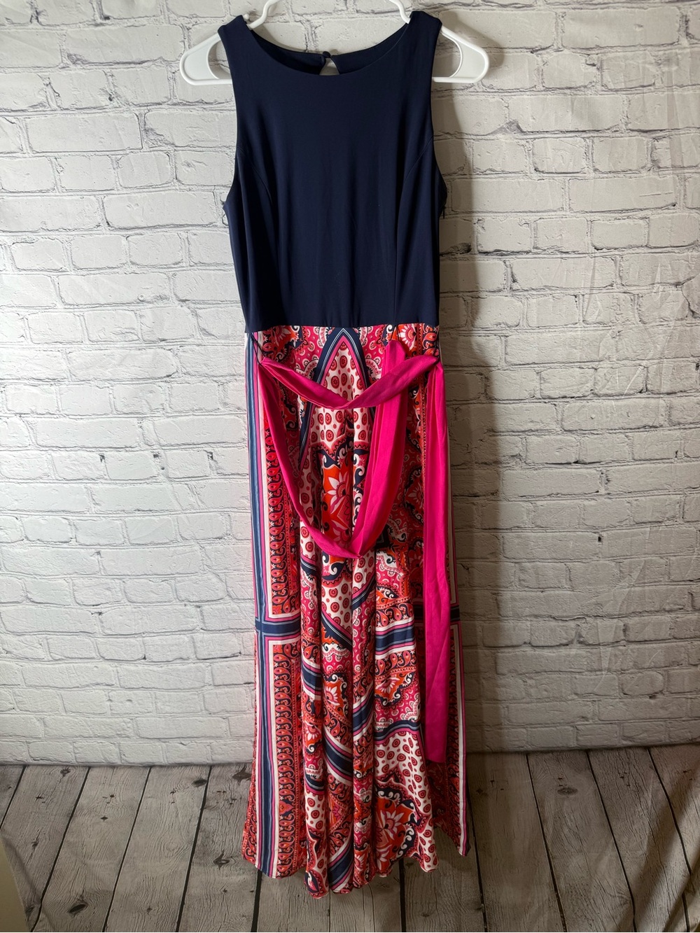 Eliza J twofer Navy Bodice with Hot Pink and Coral Patterned Maxi Dress
